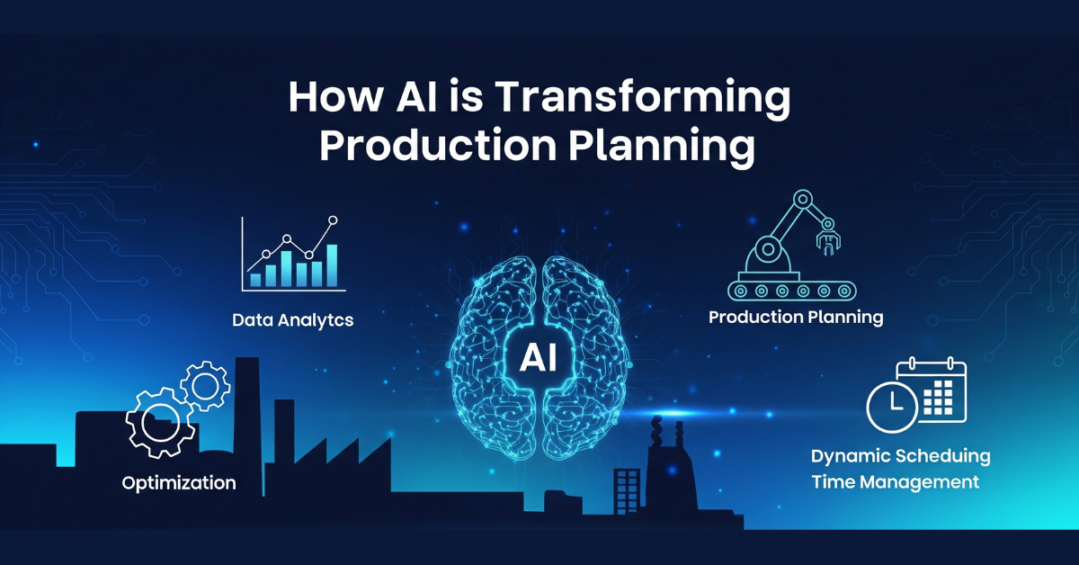 A futuristic blue digital graphic showing AI’s impact on manufacturing production planning. At the center is a glowing AI brain icon with connecting nodes. Surrounding it are icons and labels for 