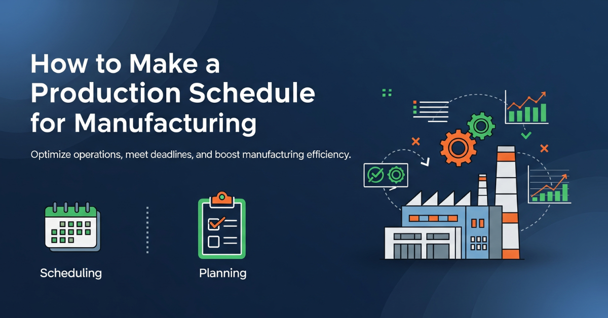 A clean, blue-themed graphic illustrating a production schedule in a manufacturing context. The title says 
