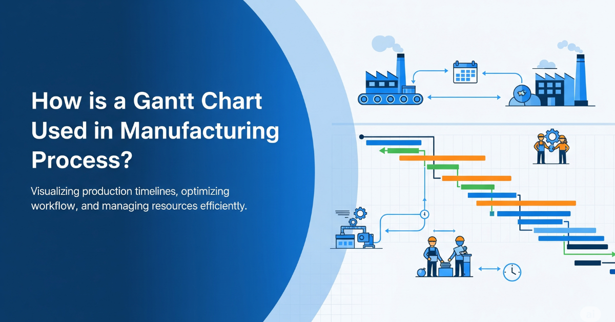The image has a clean, professional design with a blue and white color scheme. On the left side, bold white text reads: “How is a Gantt Chart Used in Manufacturing Process?” with a subtitle underneath: “Visualizing production timelines, optimizing workflow, and managing resources efficiently.” The background behind the text features a large blue curved shape.  On the right side, there are stylized illustrations representing a manufacturing process, including factory buildings connected with arrows and calendar icons symbolizing scheduling. Below that is a colorful Gantt chart with horizontal bars in green, orange, and blue showing task timelines and dependencies. Small illustrated factory workers and machinery icons are integrated into the chart, visually emphasizing collaboration, workflow, and resource management.  The overall design conveys clarity, coordination, and efficiency in production planning using Gantt charts.